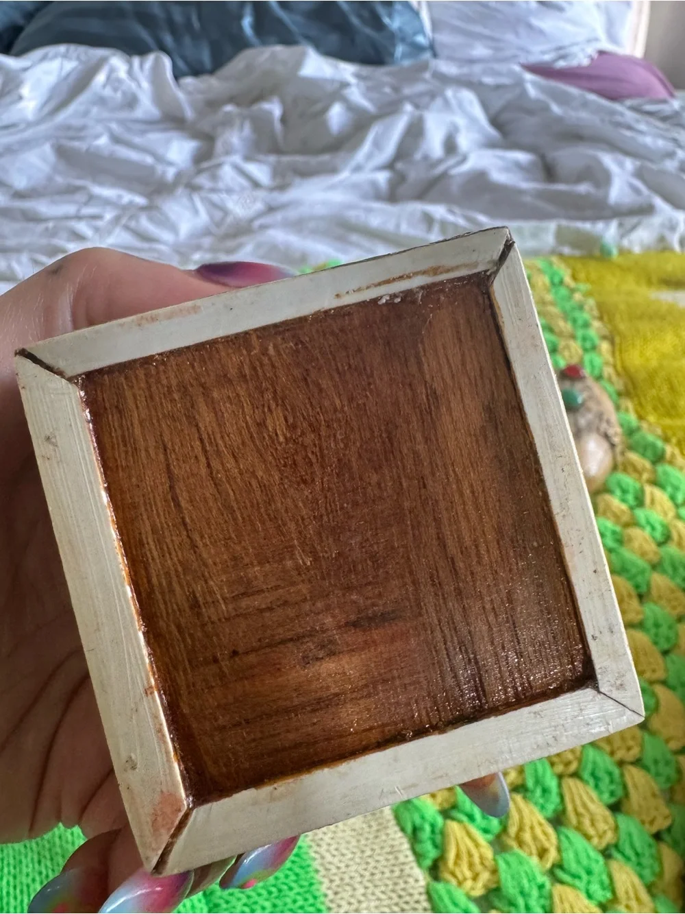Vintage Wood and bone Trinket Box with Mother of Pearl Inlay